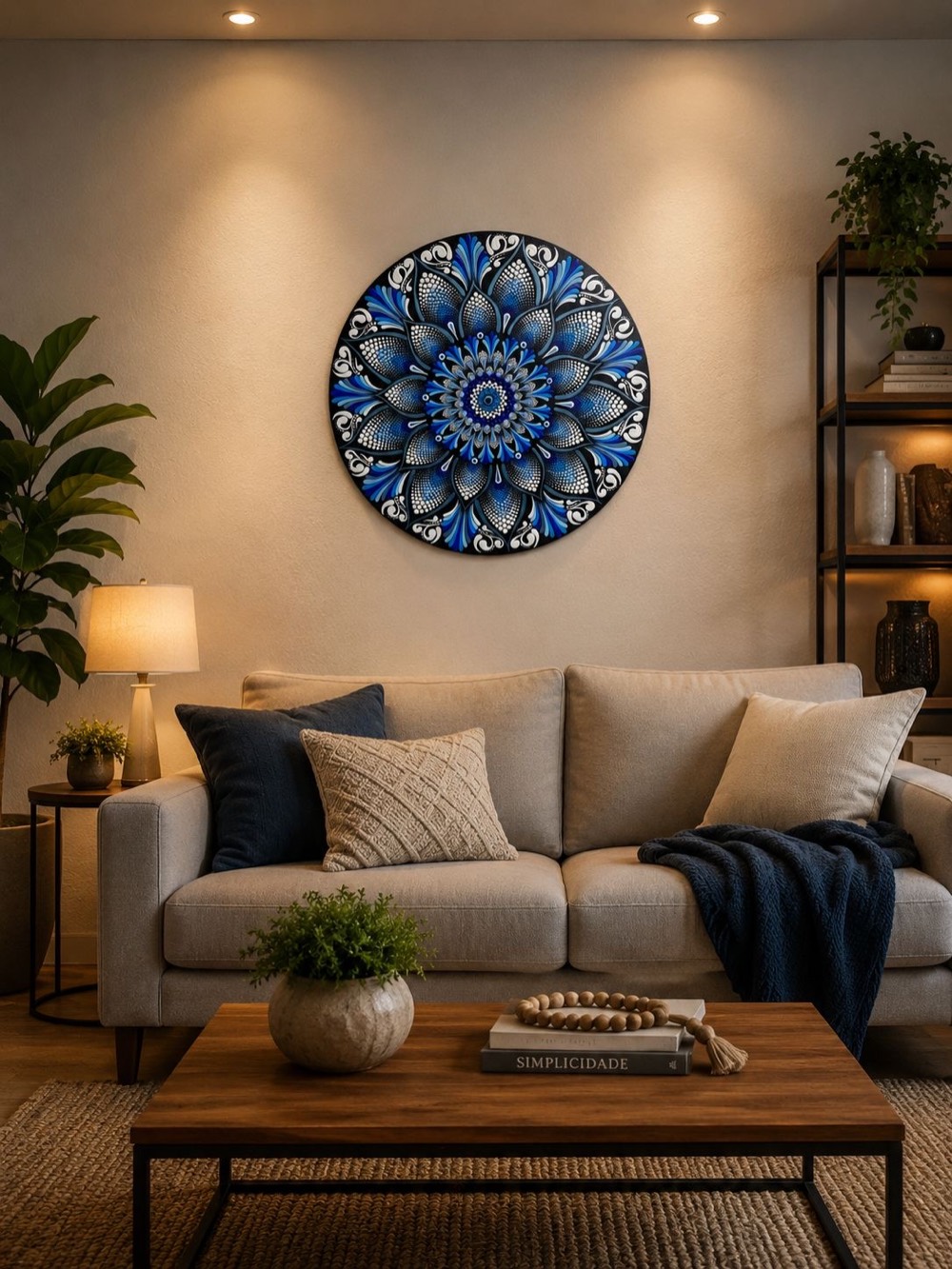 Mandala azul e branca decorando uma sala de estar aconchegante