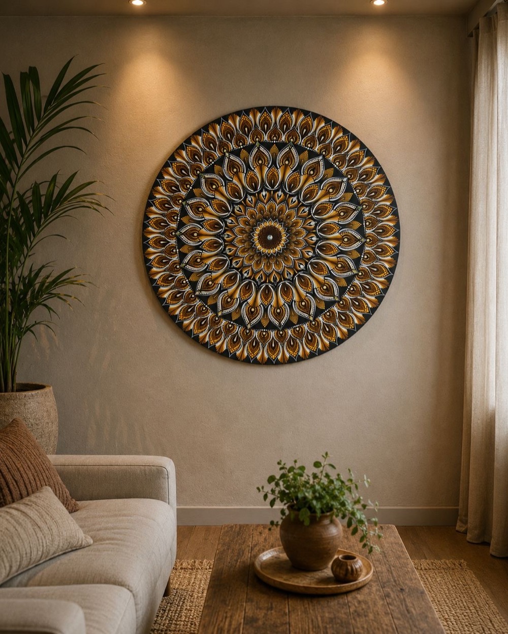 Mandala em tons de dourado e marrom decorando uma sala de estar