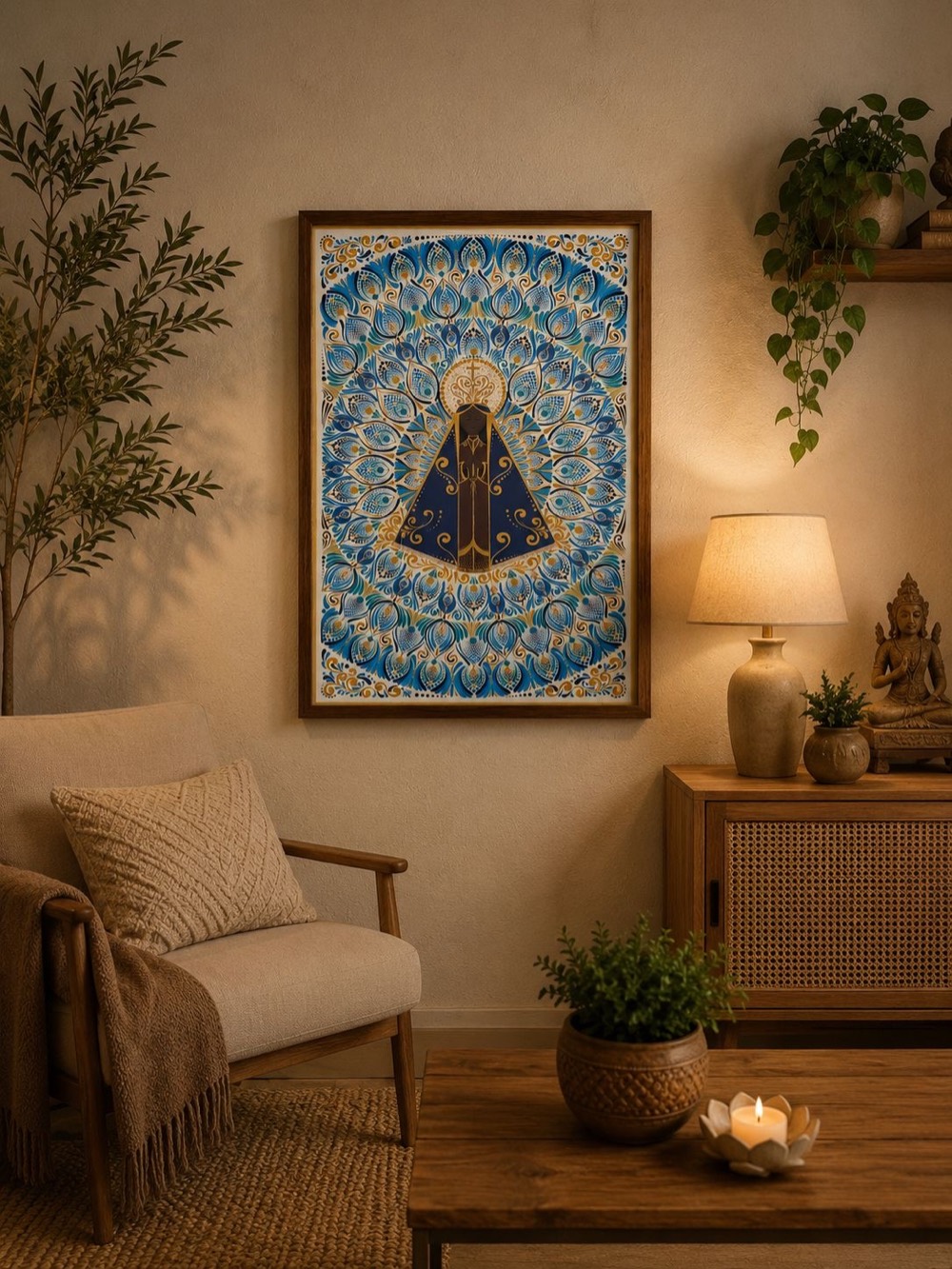 Quadro de Nossa Senhora Aparecida em pontilhismo decorando um ambiente